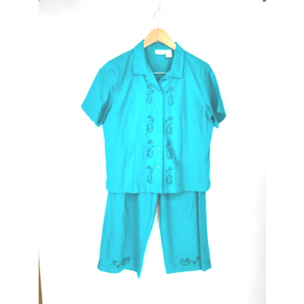 Kim Rogers Womens 2 Piece Set L Capri Pants Top Teal Blue Beaded Linen Blend